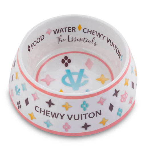 White Chewy Vuiton Dog Bowl - Small